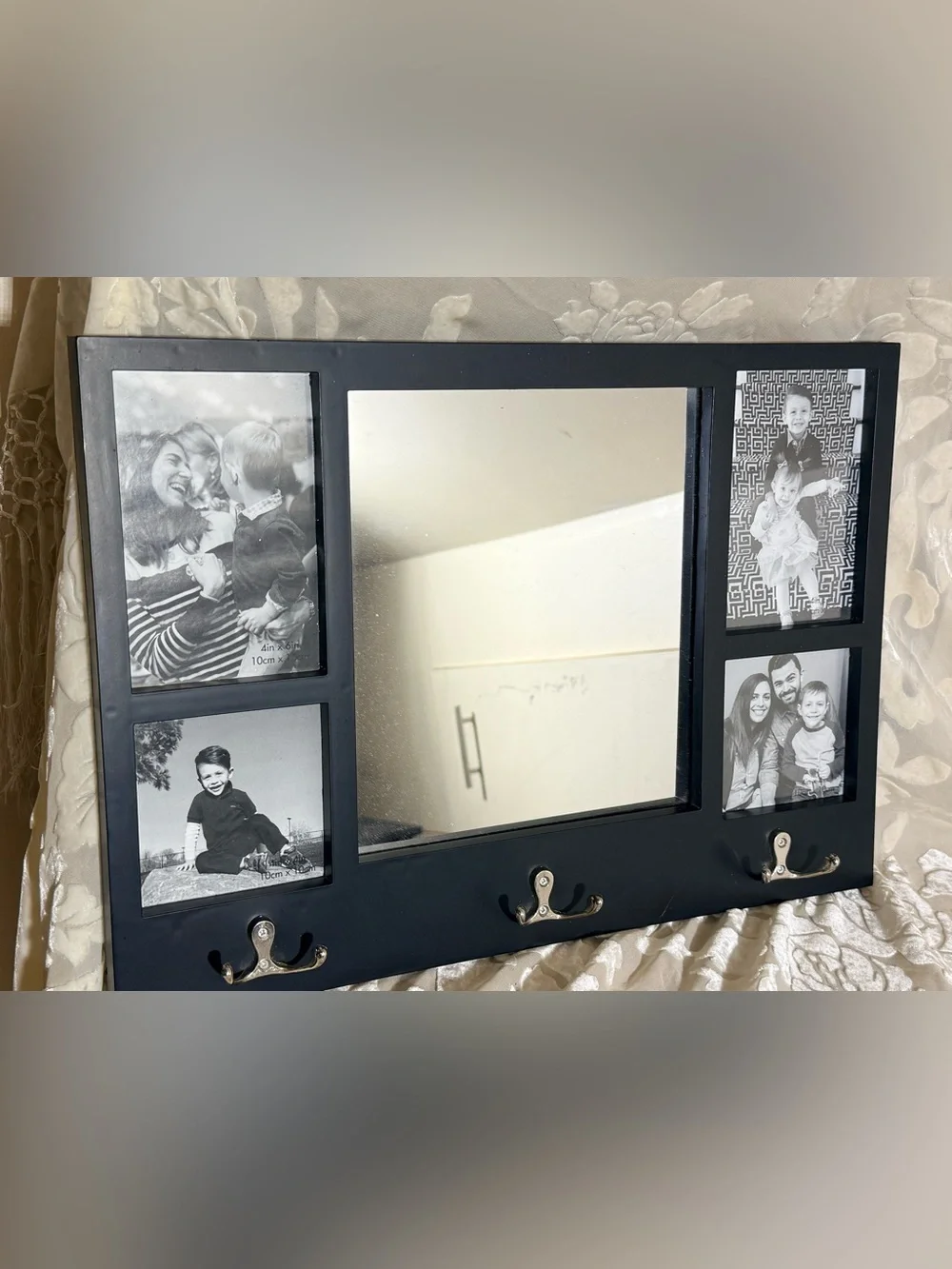 Black Wall-Mounted Photo Frame Mirror with Hooks